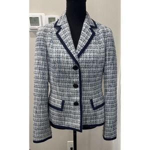 Talbots Women's Navy Blue Tweed Blazer Academia Preppy Plaid Pockets Women's 8